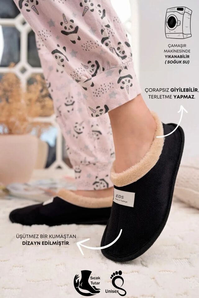 Unisex Siyah İçi Yünlü Kışlık Panduf,