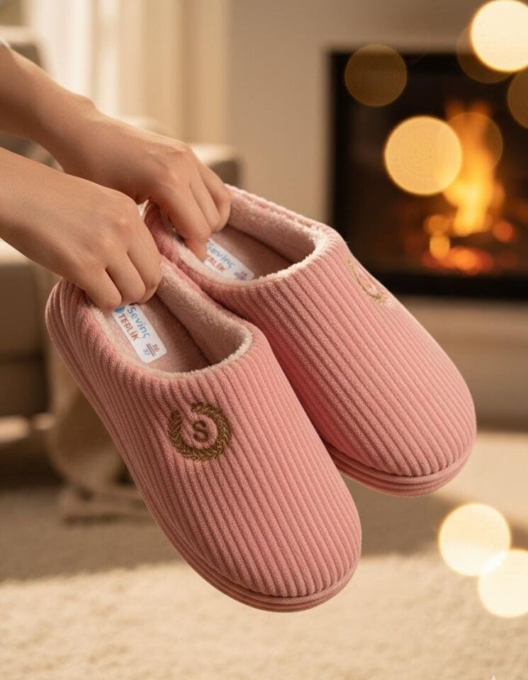 Unisex Nakışlı Kadife Ev Terliği PUDRA - 38-39
