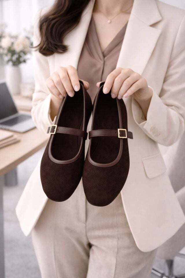 Kadın Babet Ayakkabı Kadife Altın Tokalı Ofis Ev ayakkabısı KAHVERENGİ - 38