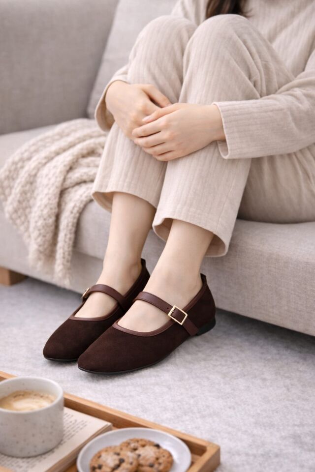 Kadın Babet Ayakkabı Kadife Altın Tokalı Ofis Ev ayakkabısı KAHVERENGİ - 40