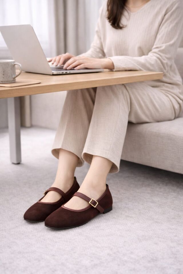 Kadın Babet Ayakkabı Kadife Altın Tokalı Ofis Ev ayakkabısı KAHVERENGİ - 40