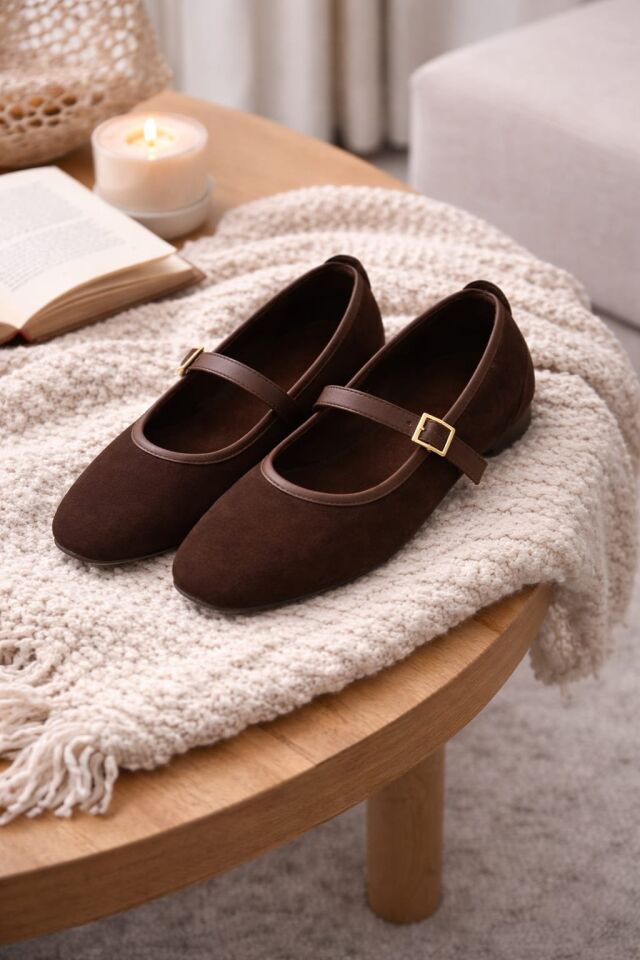 Kadın Babet Ayakkabı Kadife Altın Tokalı Ofis Ev ayakkabısı KAHVERENGİ - 40