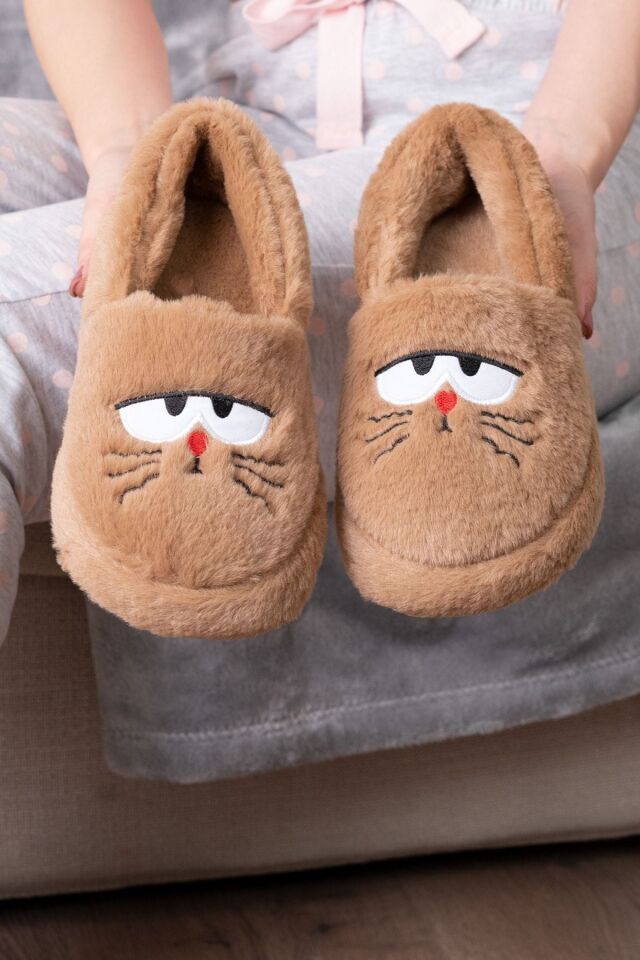 Kedi Desenli Kadın Ev Panduf Ev Botu KAHVE - 38