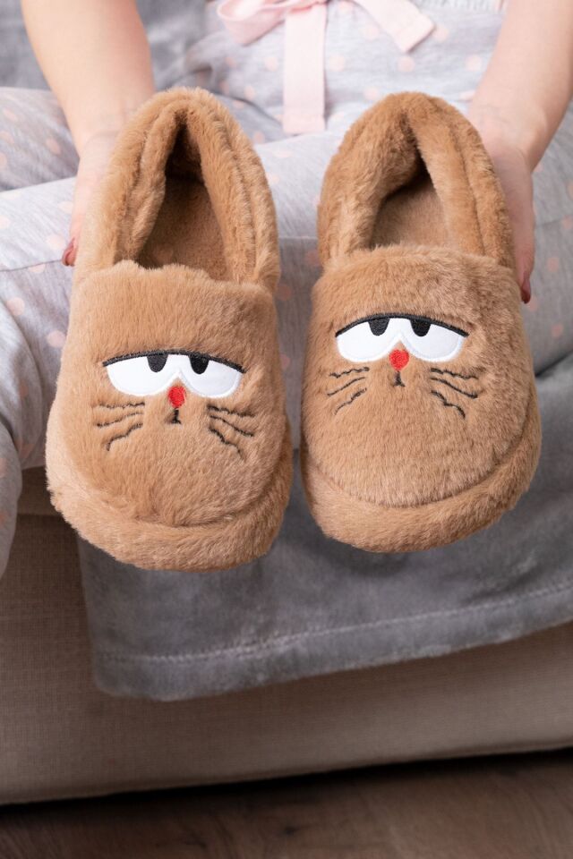 Kedi Desenli Kadın Ev Panduf Ev Botu KAHVE - 38