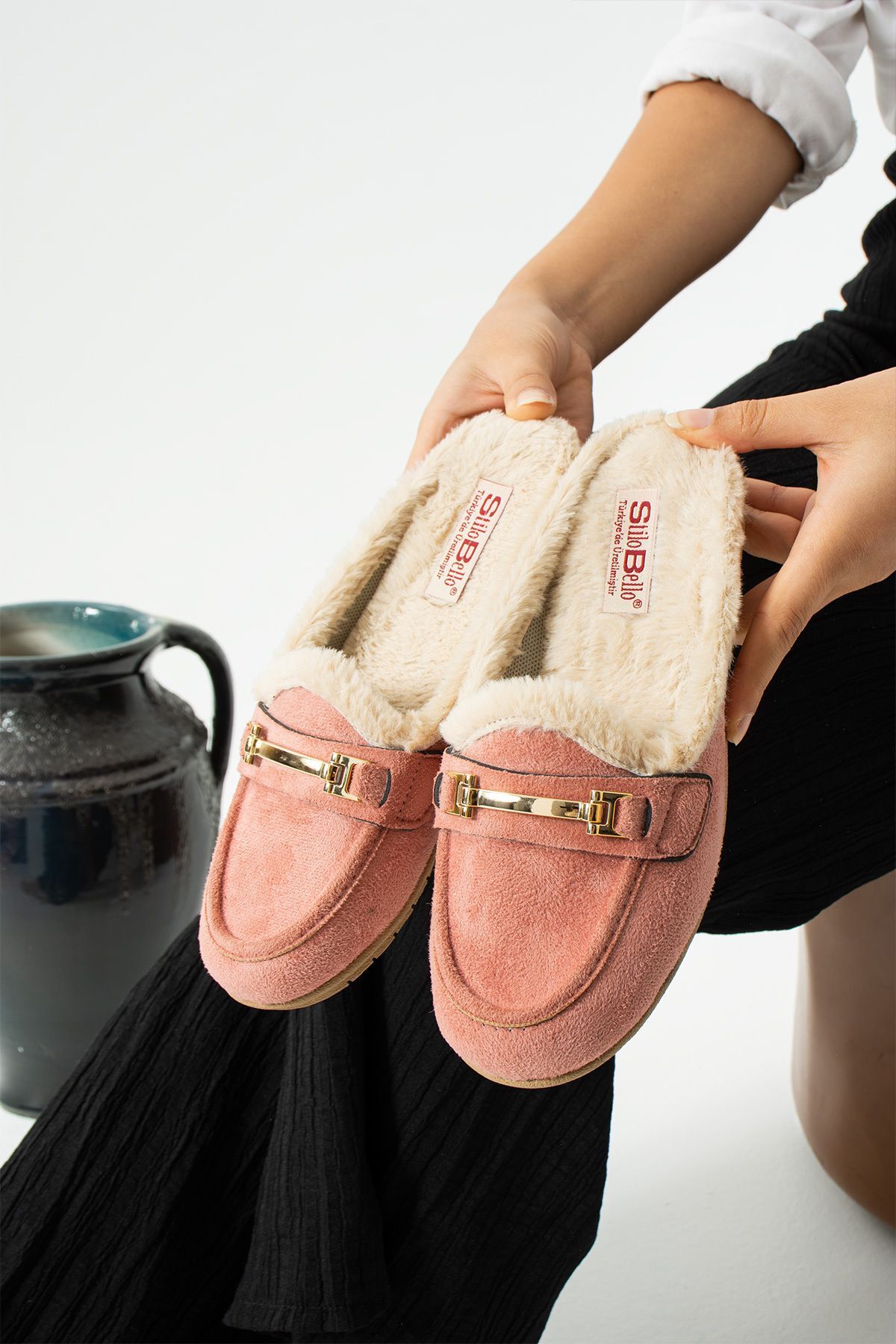 Kadın Babet Toka Detaylı İçi Kürklü Şık Rahat Ortopedik Günlük Terlik PUDRA - 41