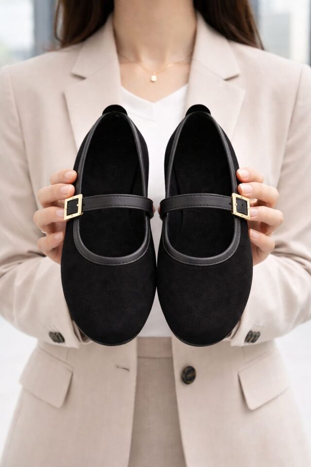 Kadın Babet Ayakkabı Kadife Altın Tokalı Ofis Ev ayakkabısı SİYAH - 38