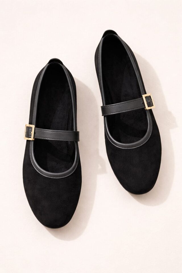 Kadın Babet Ayakkabı Kadife Altın Tokalı Ofis Ev ayakkabısı SİYAH - 38