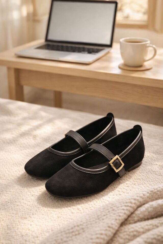Kadın Babet Ayakkabı Kadife Altın Tokalı Ofis Ev ayakkabısı SİYAH - 38