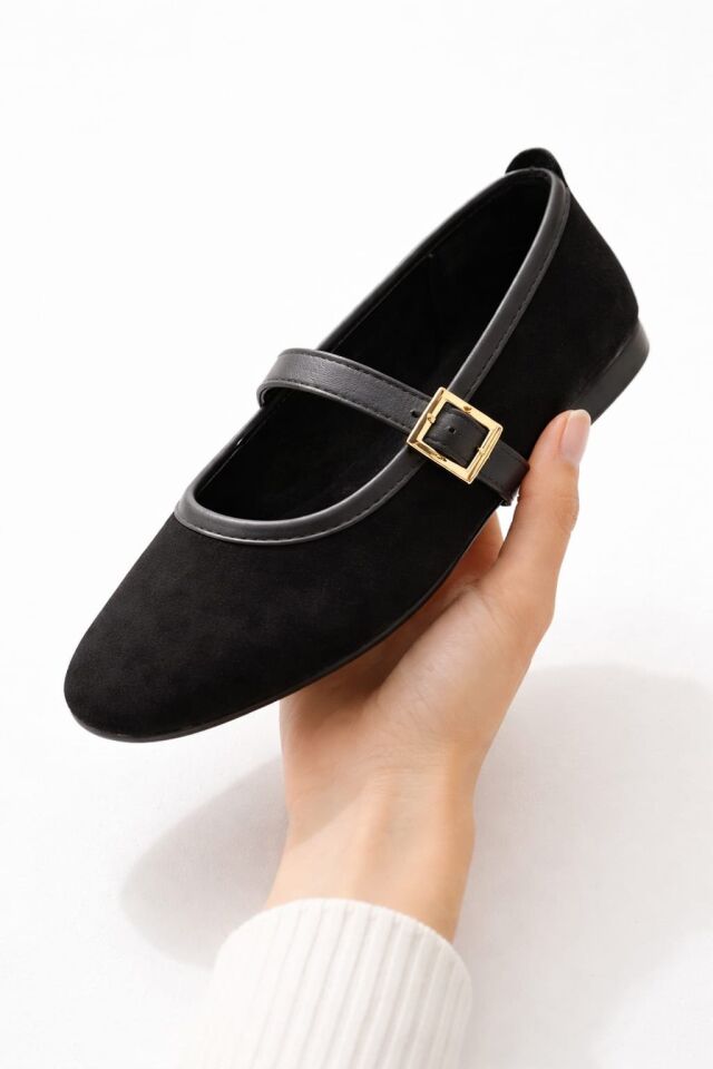 Kadın Babet Ayakkabı Kadife Altın Tokalı Ofis Ev ayakkabısı SİYAH - 38