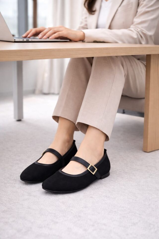 Kadın Babet Ayakkabı Kadife Altın Tokalı Ofis Ev ayakkabısı SİYAH - 40