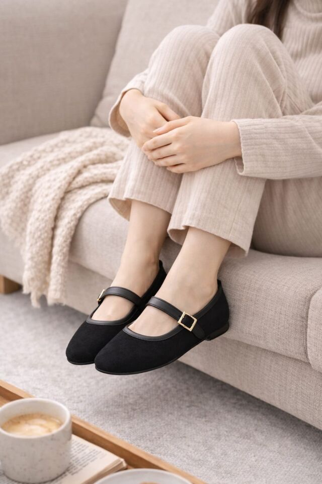 Kadın Babet Ayakkabı Kadife Altın Tokalı Ofis Ev ayakkabısı SİYAH - 40