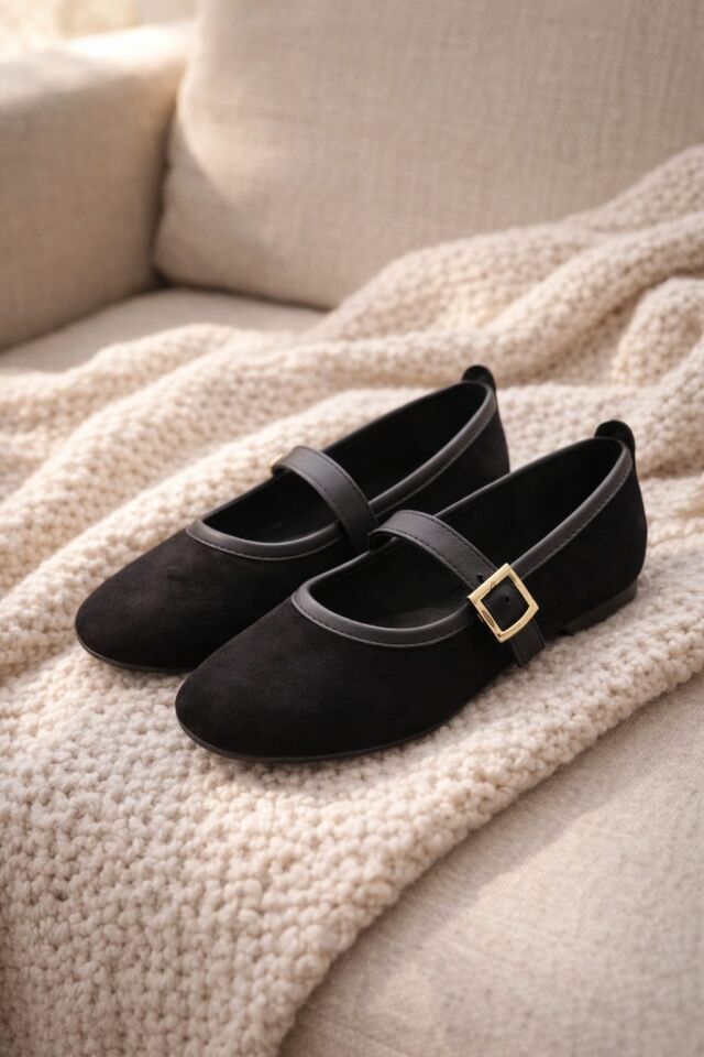 Kadın Babet Ayakkabı Kadife Altın Tokalı Ofis Ev ayakkabısı SİYAH - 40