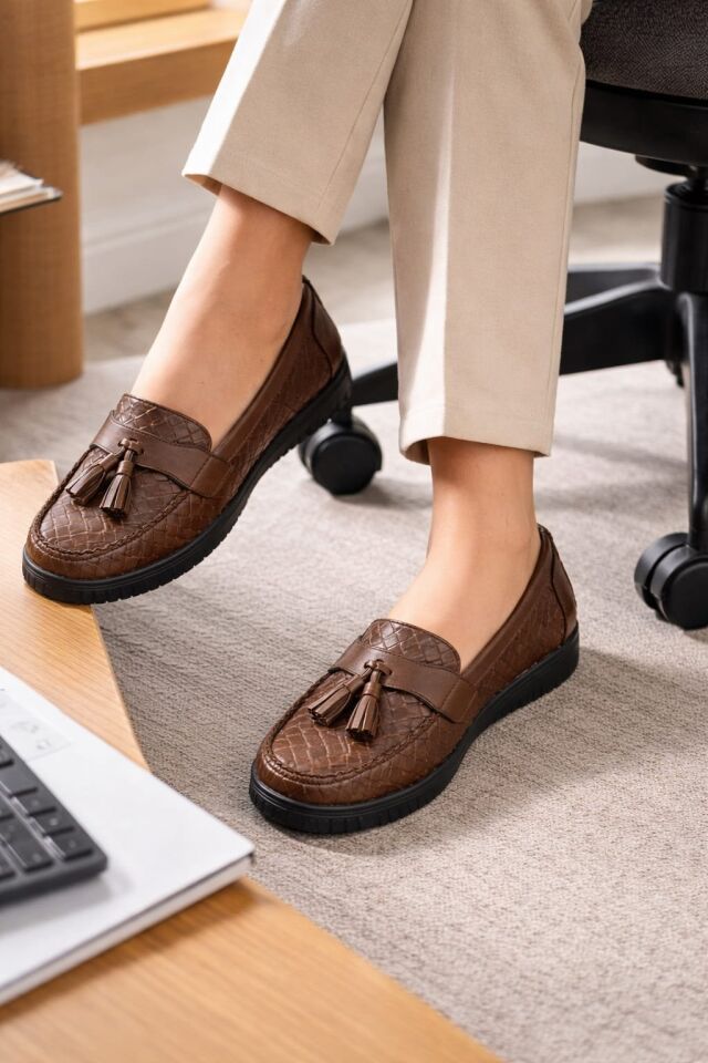 Kadın Örgü Desenli Püsküllü Rahat Comfort Loafer