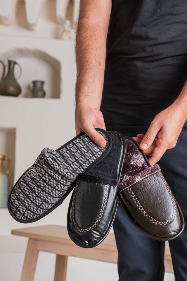 3'lü Kışlık Ev Terliği Kışlık Deri Terlik Misafir Terliği Çeyiz Bohça Terliği