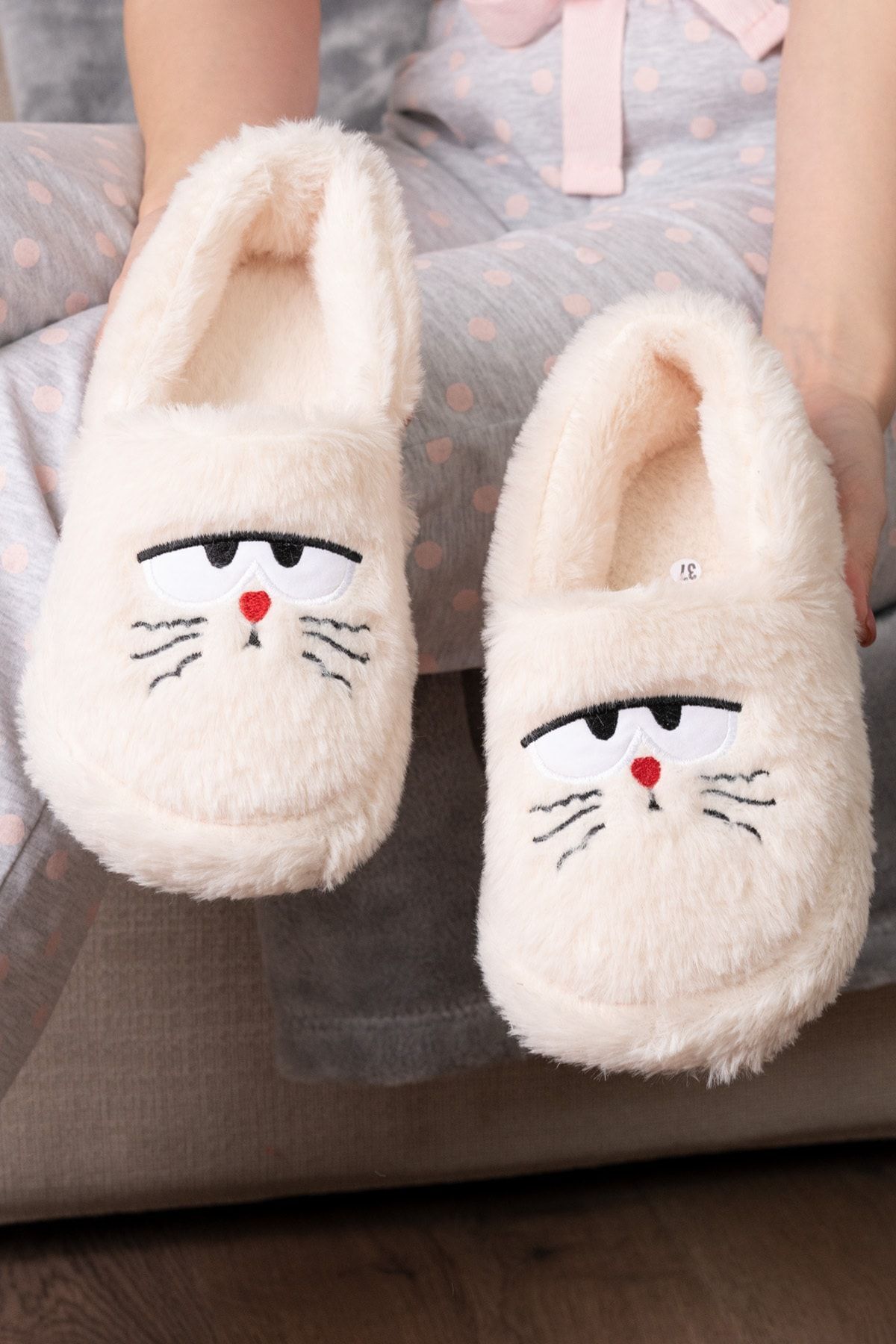 Kedi Desenli Kadın Ev Panduf Ev Botu KREM - 40