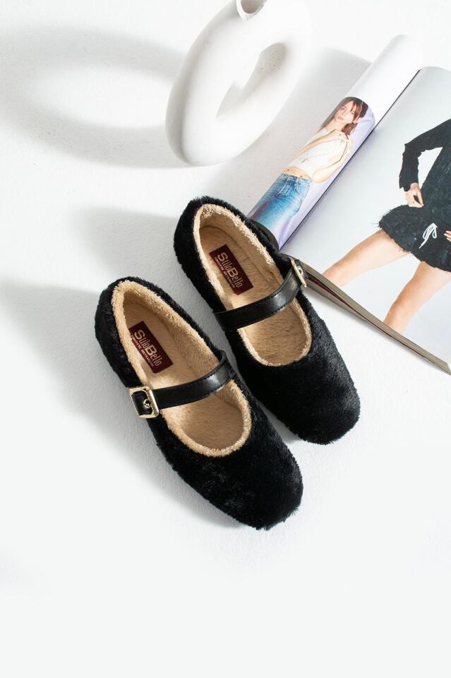 Kadın Kemerli Rahat Düz Taban Ev Babet SİYAH - 36