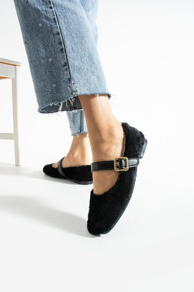 Kadın Kemerli Rahat Düz Taban Ev Babet SİYAH - 36