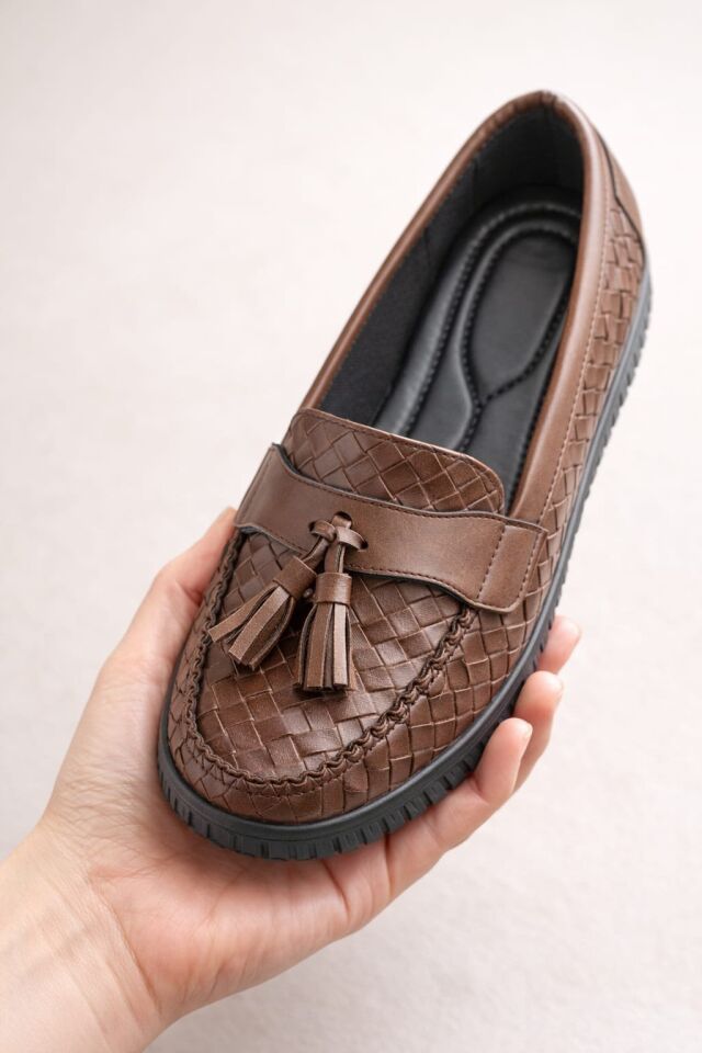 Kadın Örgü Desenli Püsküllü Rahat Comfort Loafer KAHVERENGİ - 40