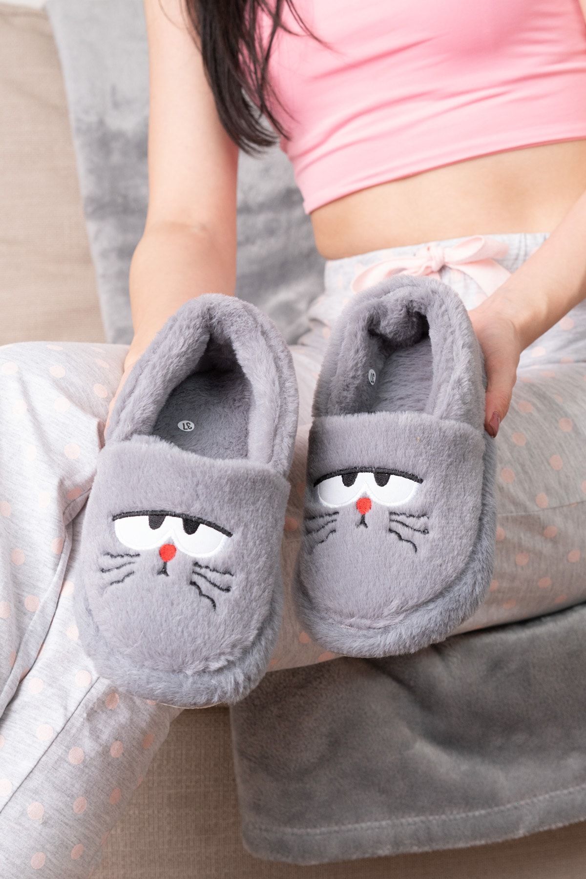 Kedi Desenli Kadın Ev Panduf Ev Botu GRİ - 40