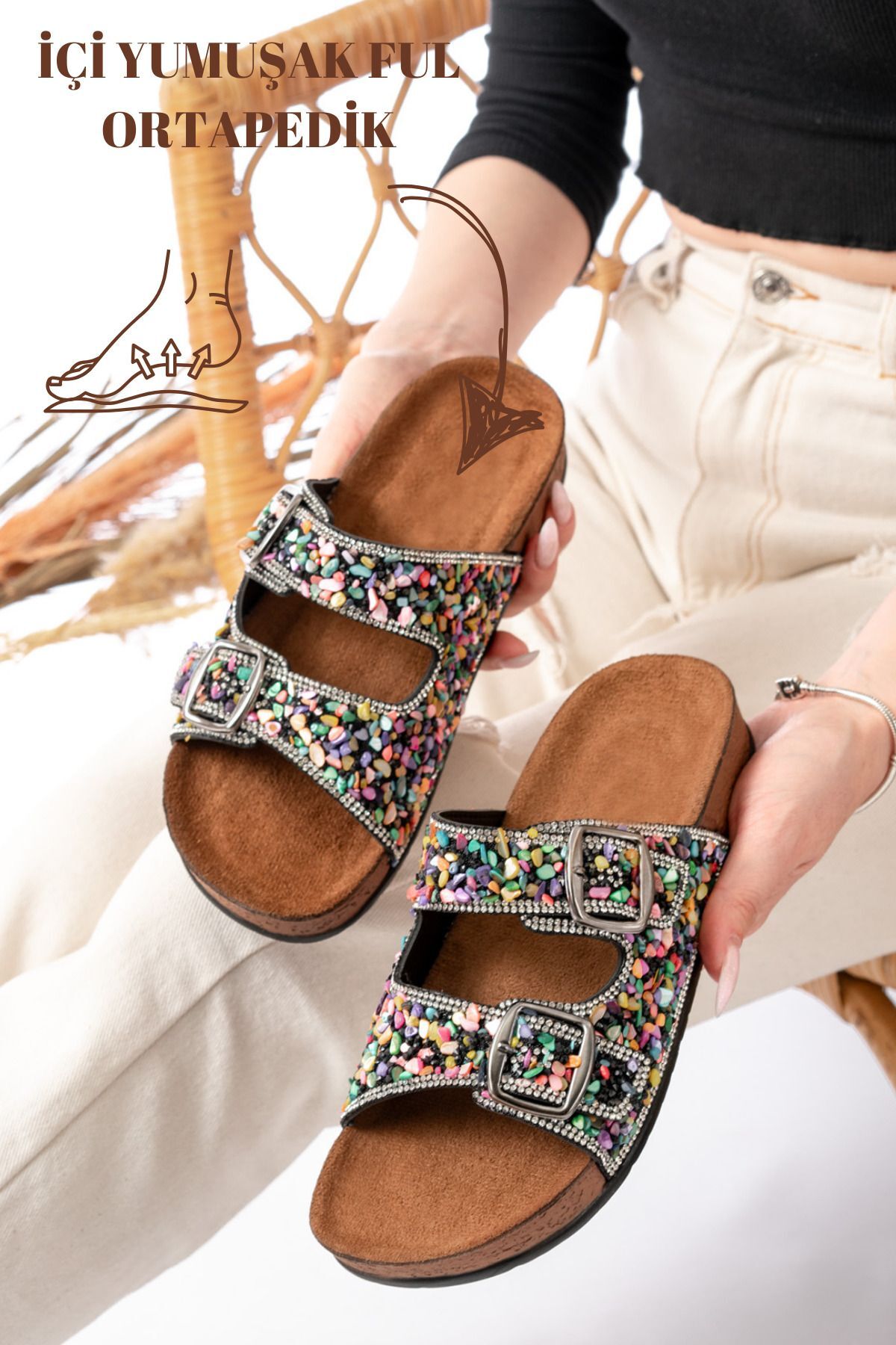 Pien Çift Tokalı  Şık Günlük Ful Ortapedik Terlik SİYAH MULTİ - 37