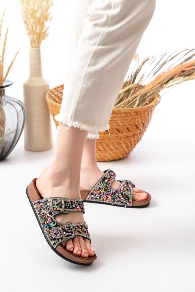 Pien Çift Tokalı  Şık Günlük Ful Ortapedik Terlik SİYAH MULTİ - 37