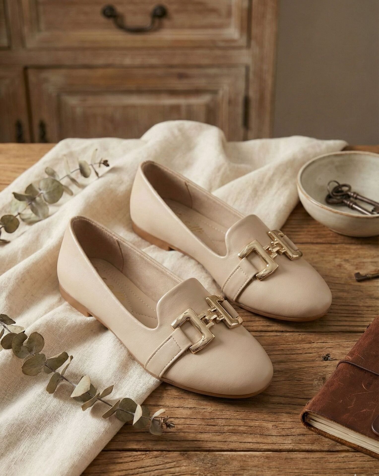 Kadın Çift Göz Toka Detaylı Babet Hafif Rahat Taban Günlük Ayakkabı Babet MAT VİZON - 40