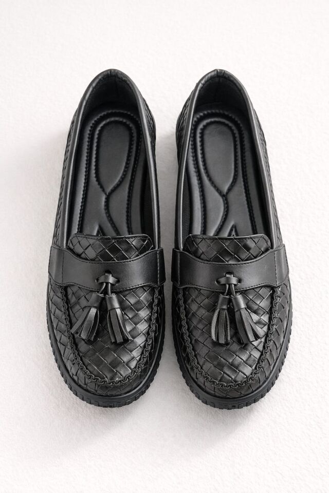 Kadın Örgü Desenli Püsküllü Rahat Comfort Loafer SİYAH - 37