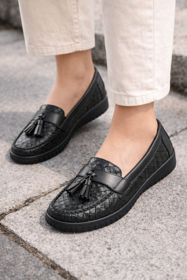 Kadın Örgü Desenli Püsküllü Rahat Comfort Loafer SİYAH - 37