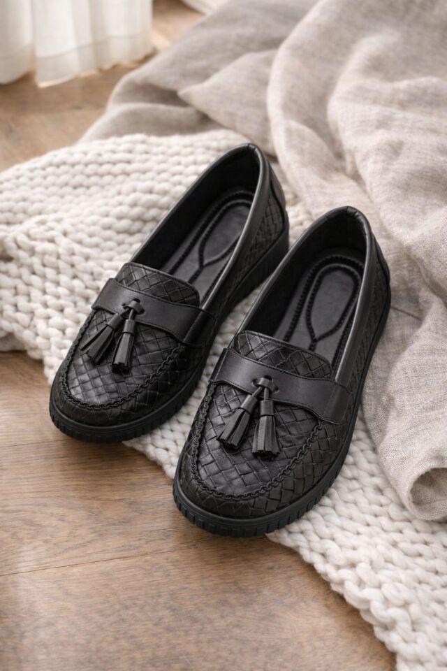 Kadın Örgü Desenli Püsküllü Rahat Comfort Loafer SİYAH - 40