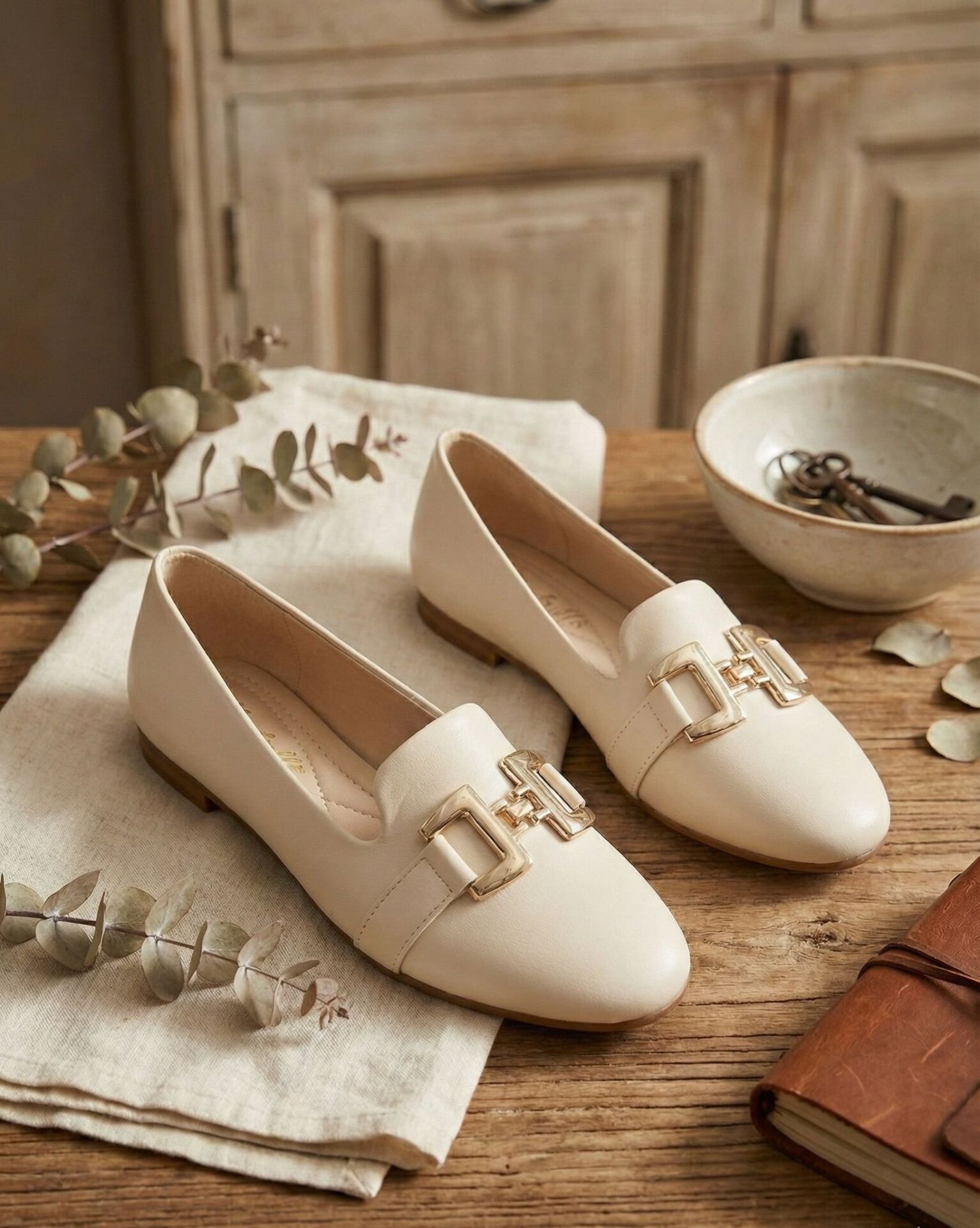 Kadın Çift Göz Toka Detaylı Babet Hafif Rahat Taban Günlük Ayakkabı Babet MAT KREM - 40