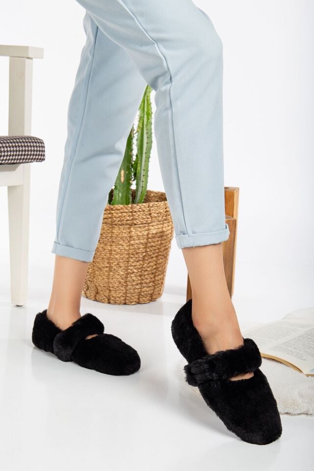 Yumuşak Peluş Kadın Ev Babeti Ses Yapmaz Hafif Taban Panduf SİYAH - 40