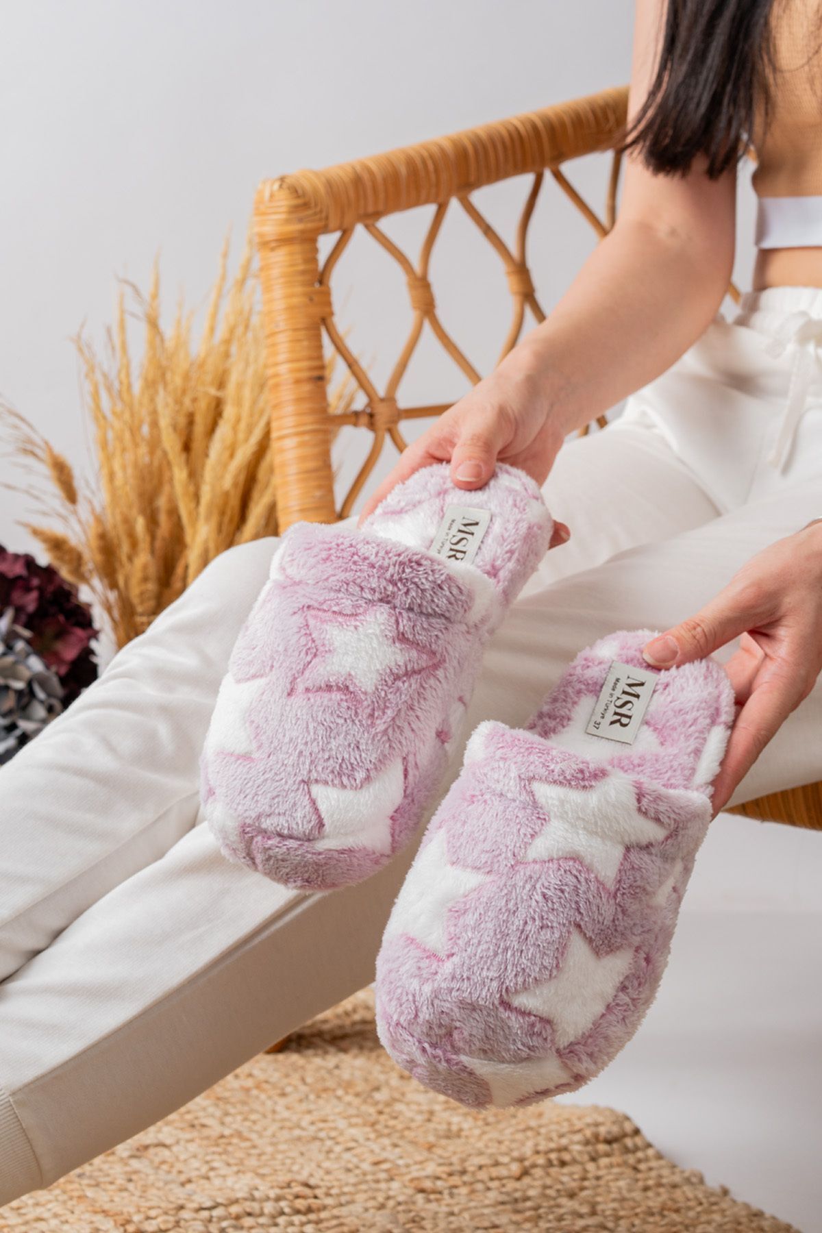 Kadın Yıldızlı Peluş Ev Terliği Çeyiz-bohça Terliği LİLA - 38