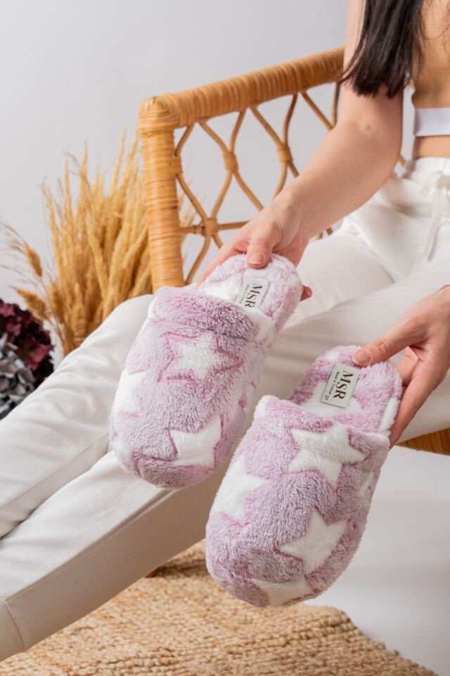 Kadın Yıldızlı Peluş Ev Terliği Çeyiz-bohça Terliği LİLA - 38