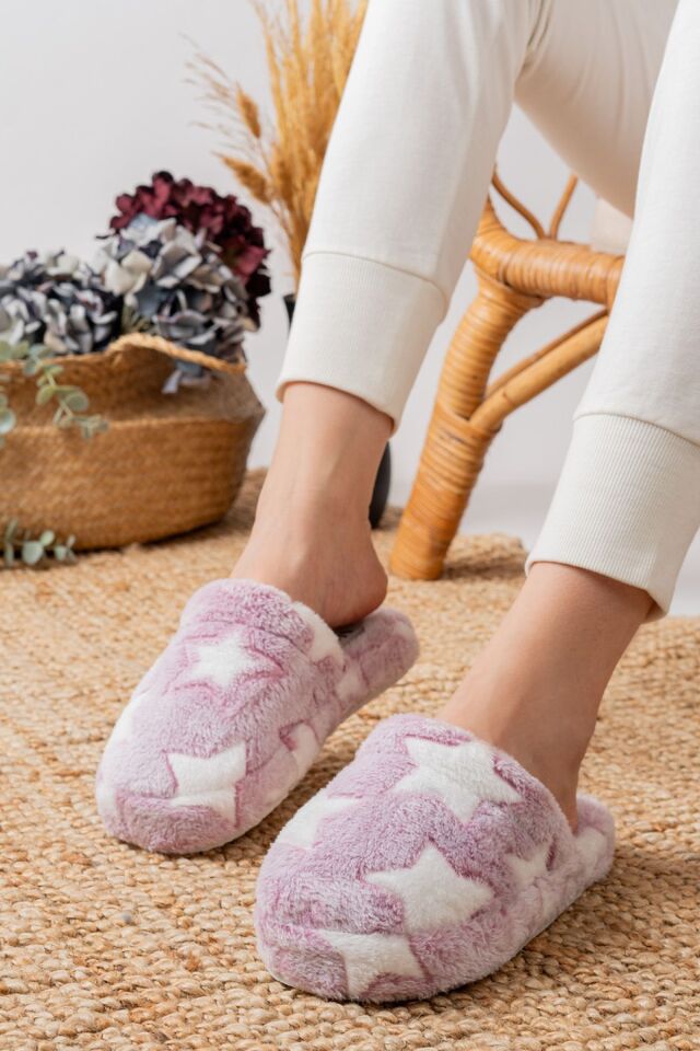 Kadın Yıldızlı Peluş Ev Terliği Çeyiz-bohça Terliği LİLA - 38