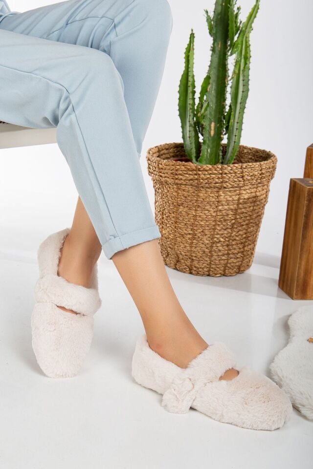 Yumuşak Peluş Kadın Ev Babeti Ses Yapmaz Hafif Taban Panduf EKRU - 40