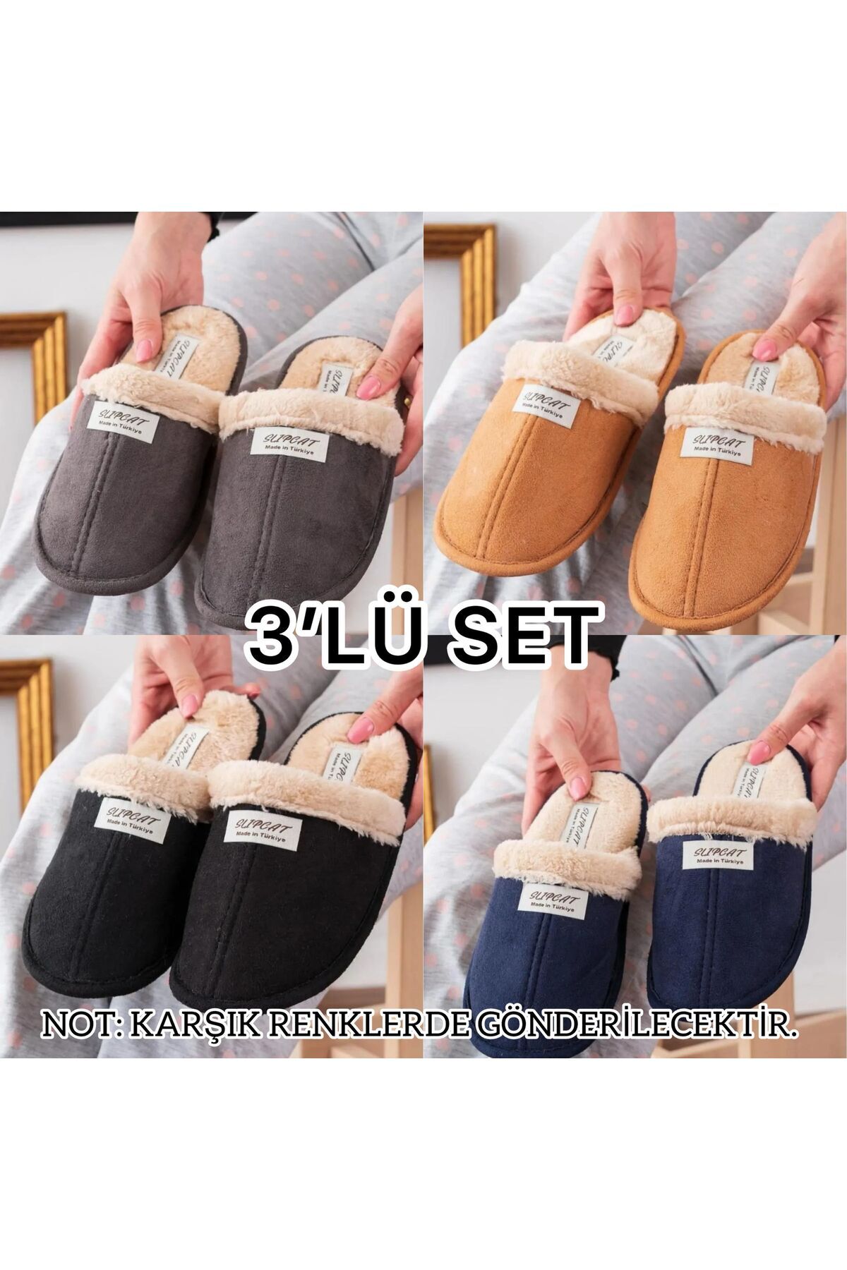 3'lü İçi Kürklü Ev Terliği Misafir Terliği Çeyiz Bohça Bahçe Terliği ÜÇLÜ UCC TERLİK - 37
