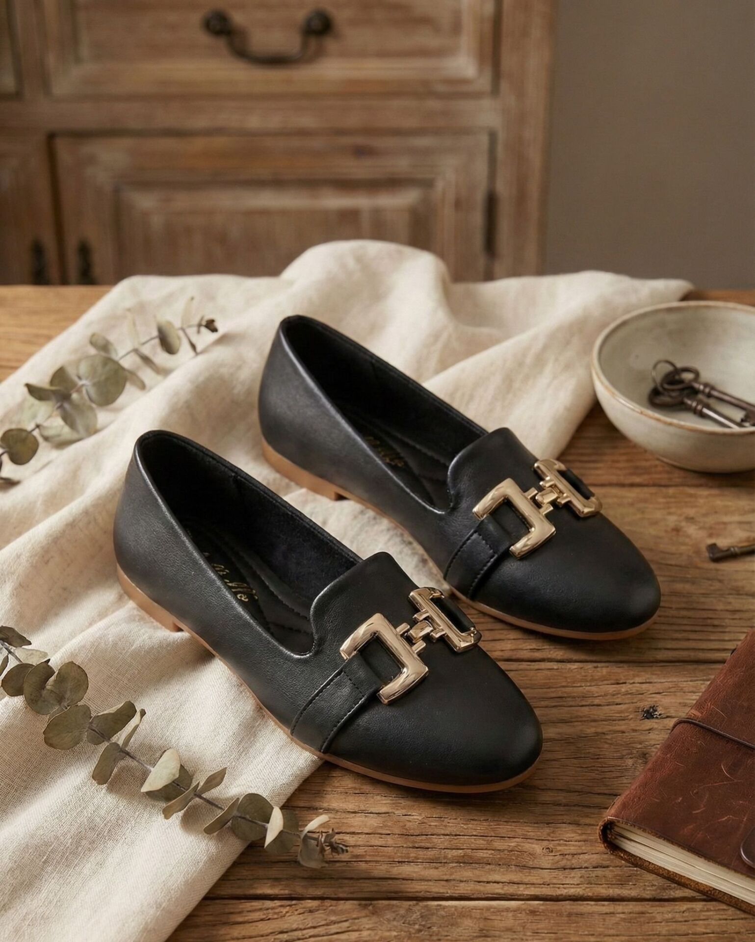 Kadın Çift Göz Toka Detaylı Babet Hafif Rahat Taban Günlük Ayakkabı Babet MAT SİYAH - 38