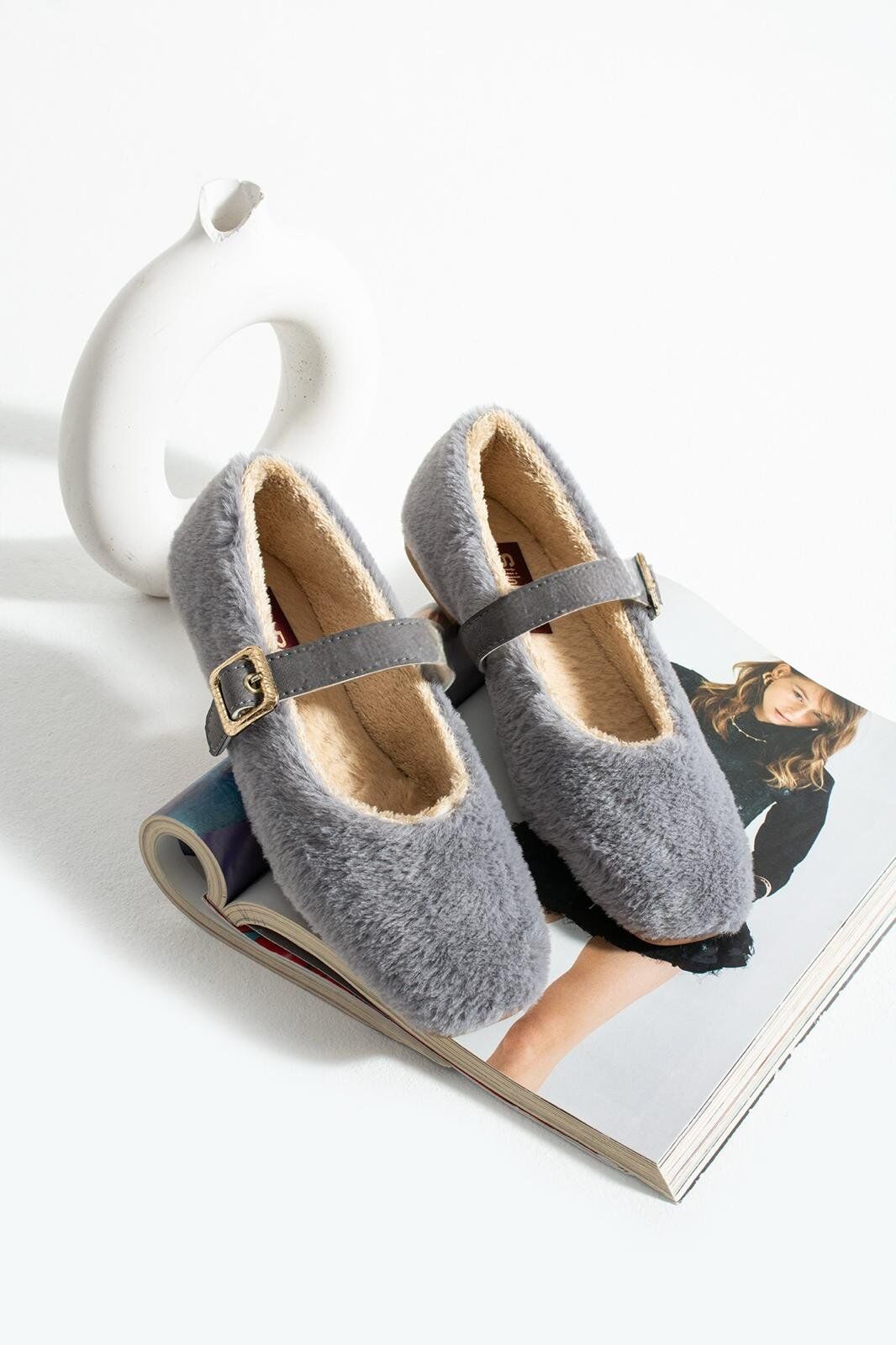 Kadın Kemerli Rahat Düz Taban Ev Babet GRİ - 41