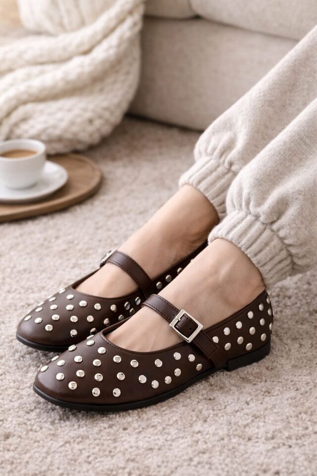 Kadın Bantlı Zımbalı Rahat Şık Babet KAHVERENGİ - 41