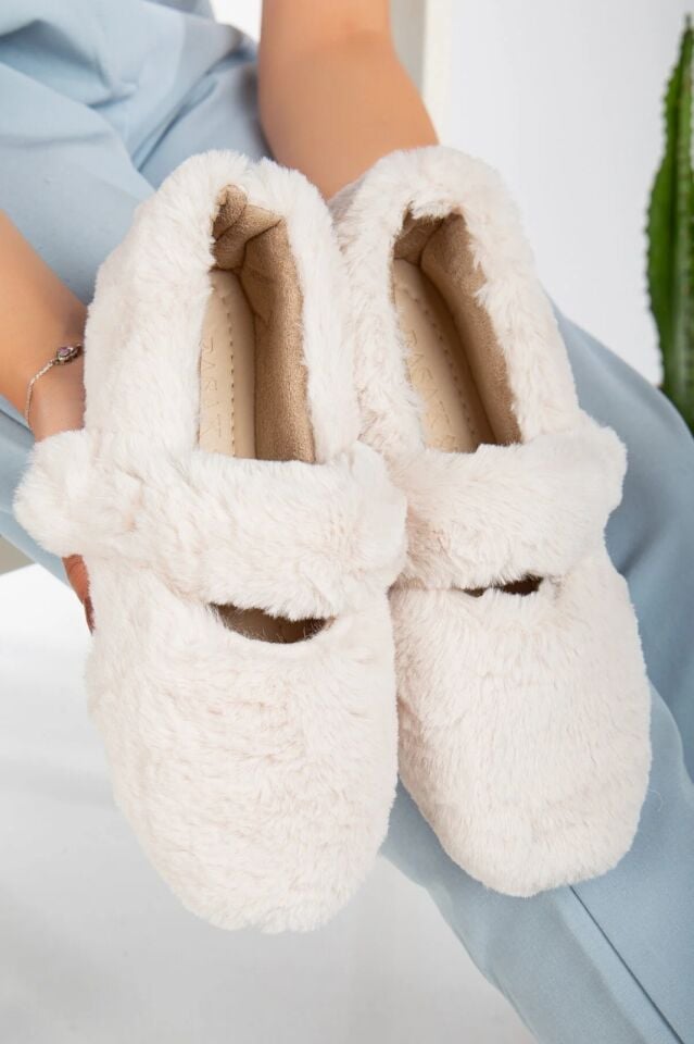 Yumuşak Peluş Kadın Ev Babeti Ses Yapmaz Hafif Taban Panduf EKRU - 36