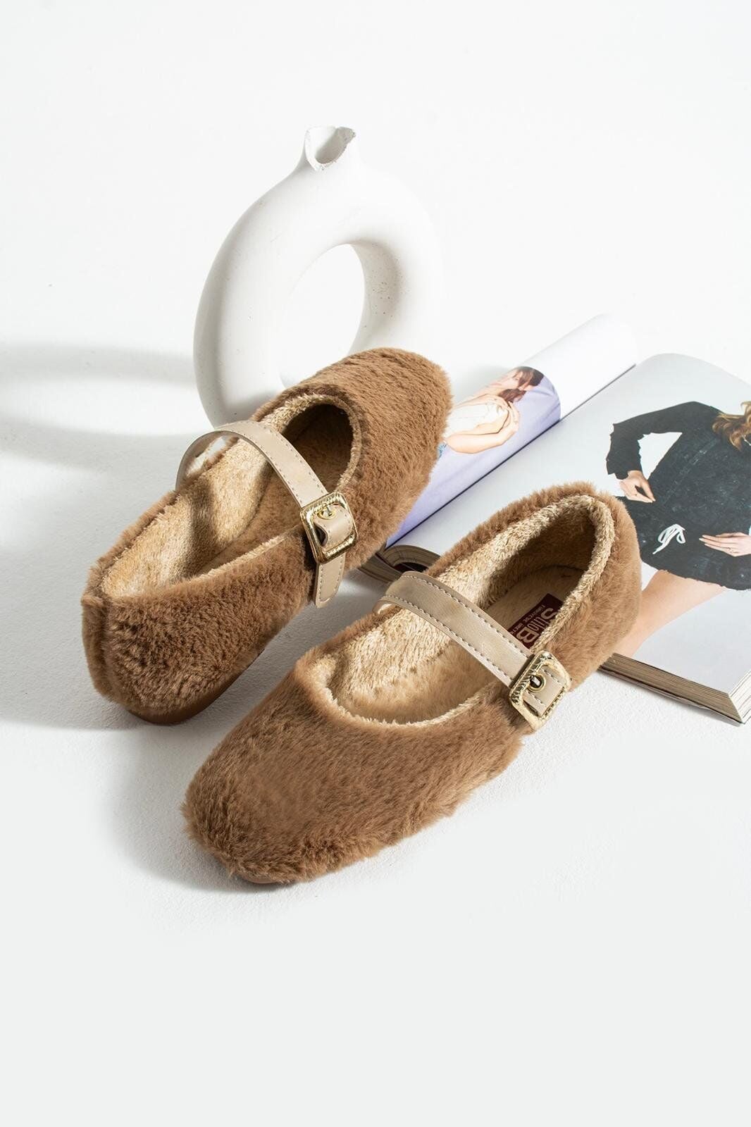 Kadın Kemerli Rahat Düz Taban Ev Babet TABA - 40