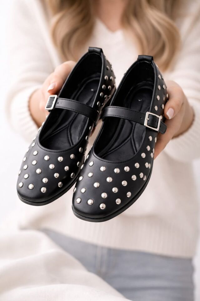 Kadın Bantlı Zımbalı Rahat Şık Babet SİYAH - 40