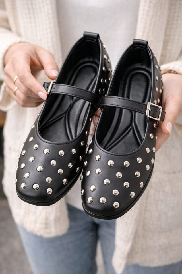 Kadın Bantlı Zımbalı Rahat Şık Babet SİYAH - 40