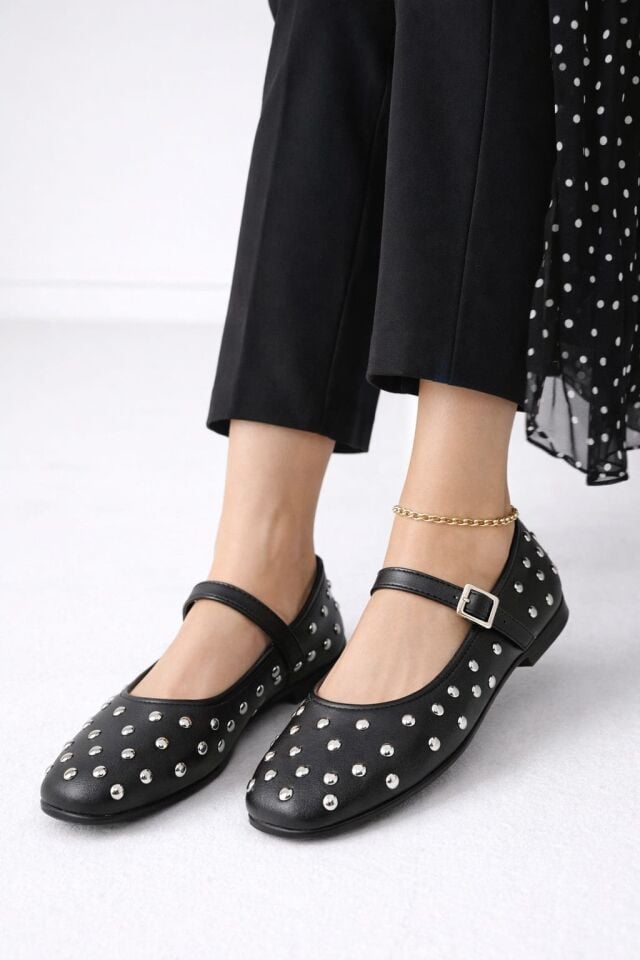 Kadın Bantlı Zımbalı Rahat Şık Babet SİYAH - 41