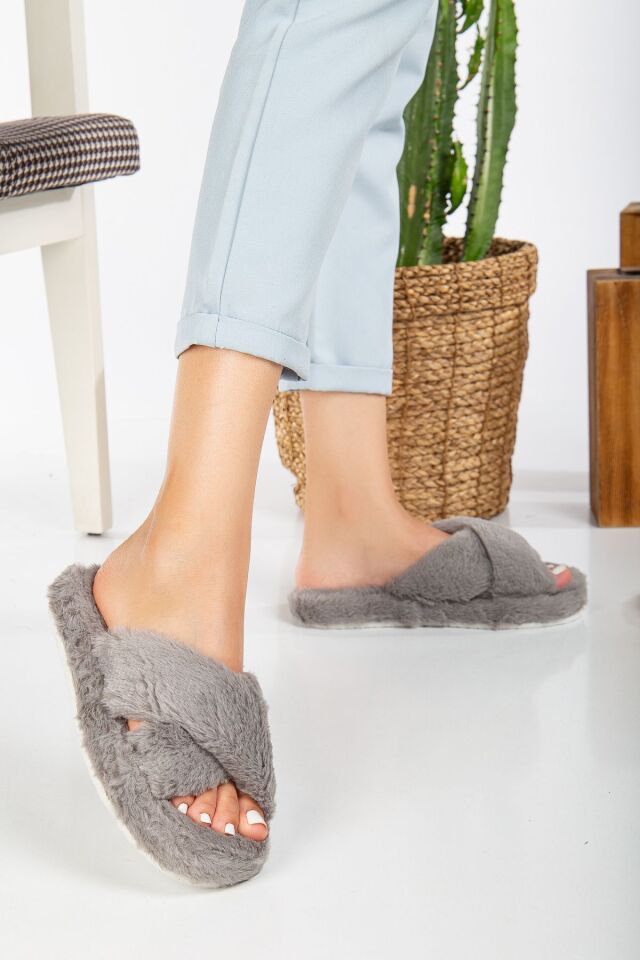 Kadın Ev Terliği Çapraz Bantlı Misafirlik Çeyizlik Eva Taban Terlik GRİ - 38