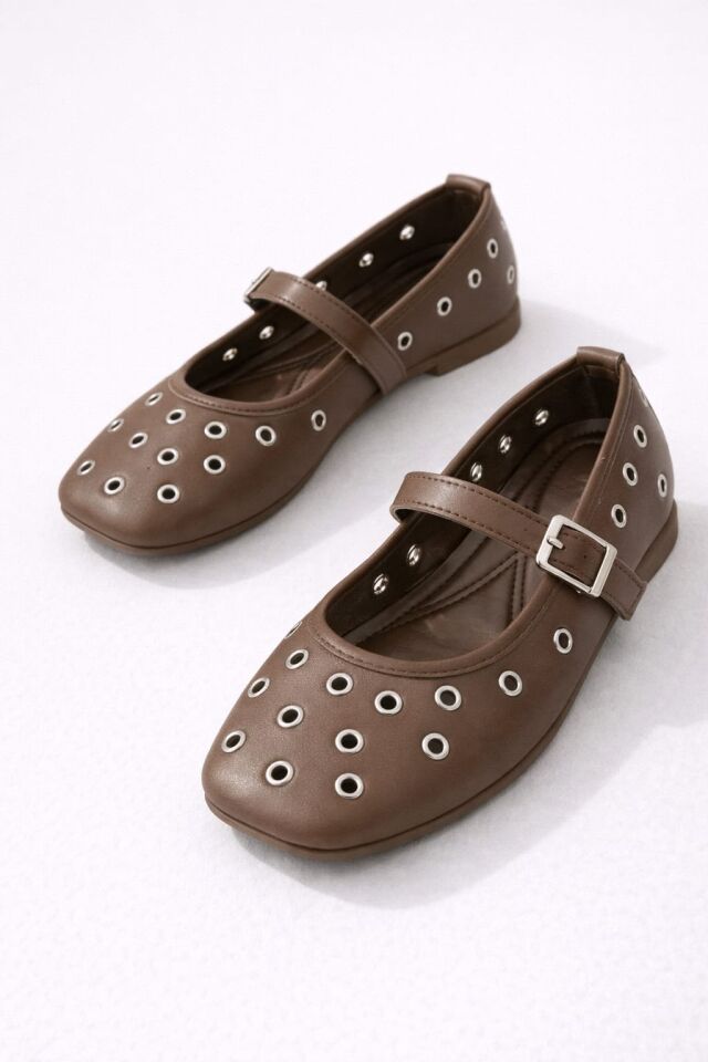 Kadın Rahat Taban Kuşgözü Detaylı Bantlı Günlük Babet Ofis Ayakkabı KAHVERENGİ - 41