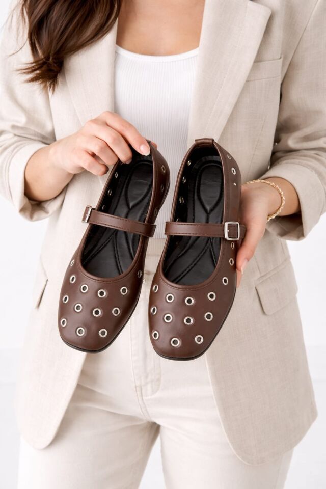 Kadın Rahat Taban Kuşgözü Detaylı Bantlı Günlük Babet Ofis Ayakkabı KAHVERENGİ - 41