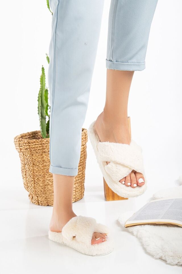 Kadın Ev Terliği Çapraz Bantlı Misafirlik Çeyizlik Eva Taban Terlik KREM - 38