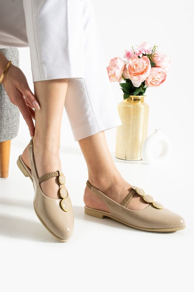 Önü Kapalı Taşlı Arkası Açık Düz Taban Babet Sandalet VİZON - 37