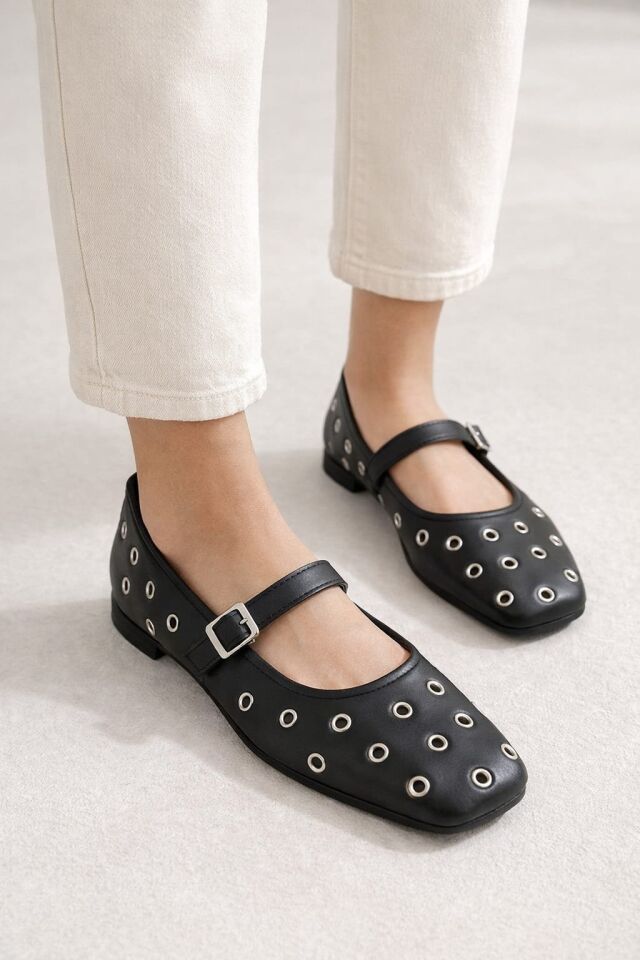 Kadın Rahat Taban Kuşgözü Detaylı Bantlı Günlük Babet Ofis Ayakkabı SİYAH - 41